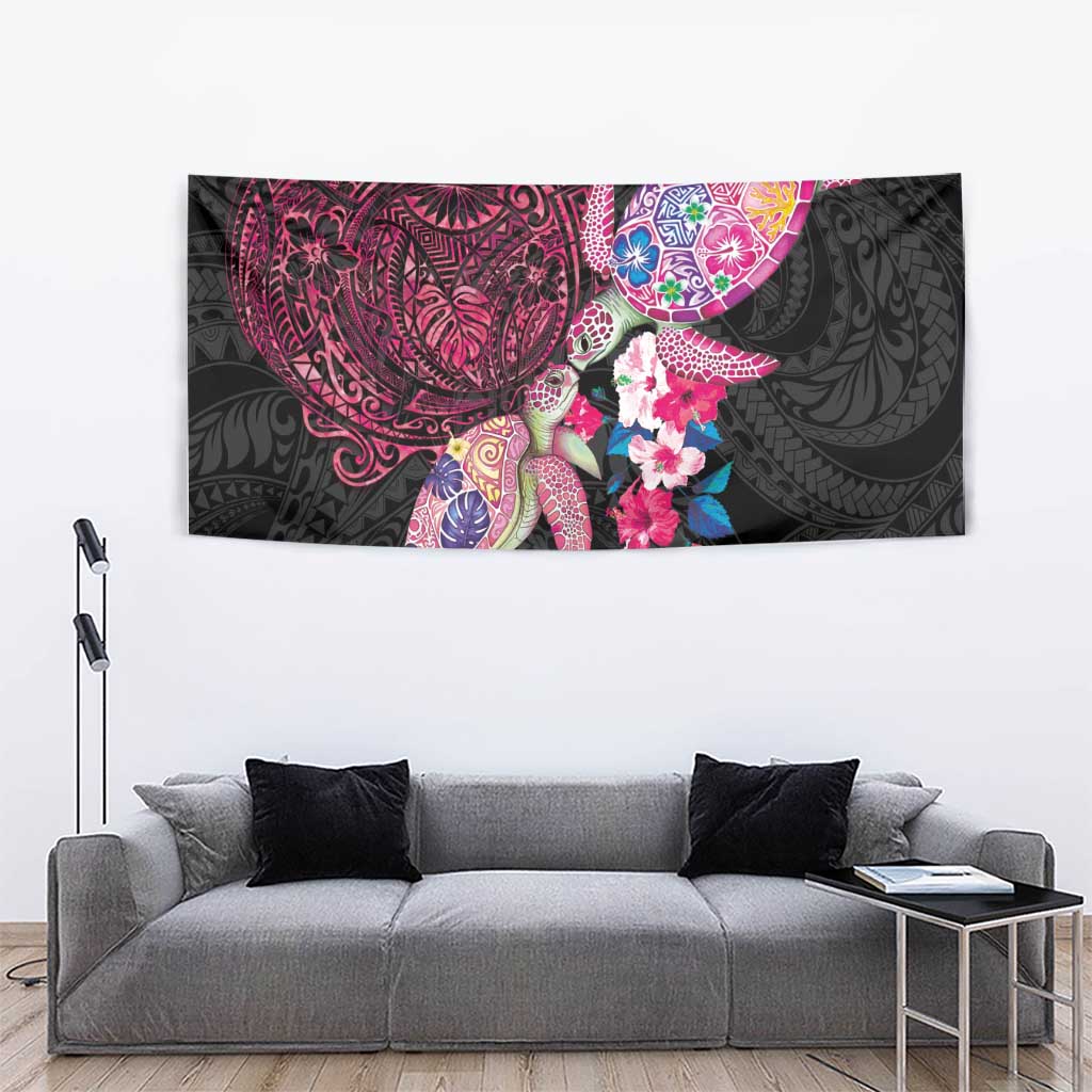 Hawaiian Couple Turtles Honi Tapestry Polynesian Art Motifs and Hibiscus Black Red Color LT03 - Polynesian Pride