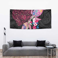 Hawaiian Couple Turtles Honi Tapestry Polynesian Art Motifs and Hibiscus Black Red Color LT03 - Polynesian Pride