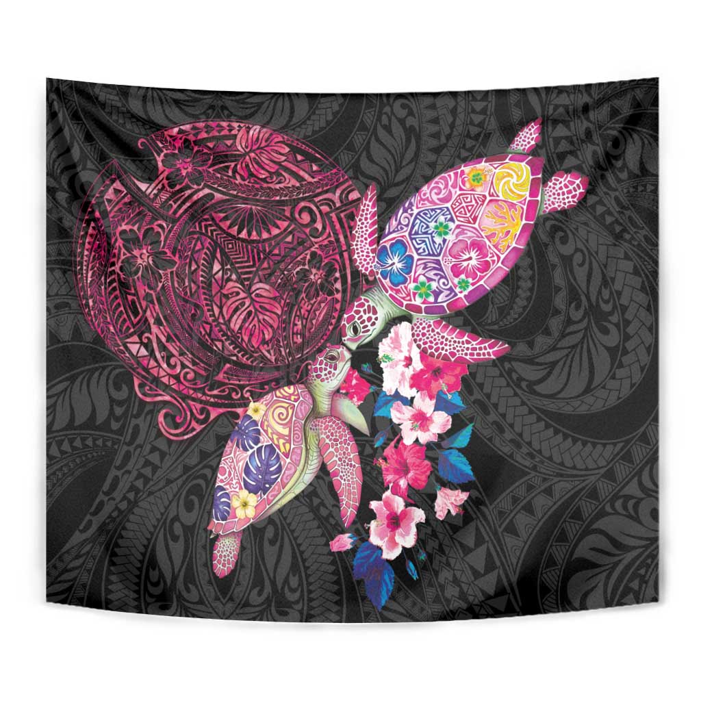 Hawaiian Couple Turtles Honi Tapestry Polynesian Art Motifs and Hibiscus Black Red Color LT03 - Polynesian Pride
