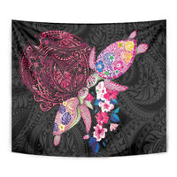 Hawaiian Couple Turtles Honi Tapestry Polynesian Art Motifs and Hibiscus Black Red Color LT03 - Polynesian Pride