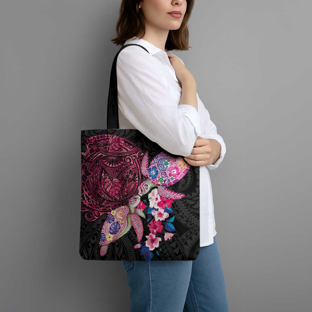 Hawaiian Couple Turtles Honi Tote Bag Polynesian Art Motifs and Hibiscus Black Red Color LT03 - Polynesian Pride
