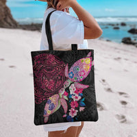 Hawaiian Couple Turtles Honi Tote Bag Polynesian Art Motifs and Hibiscus Black Red Color LT03 - Polynesian Pride