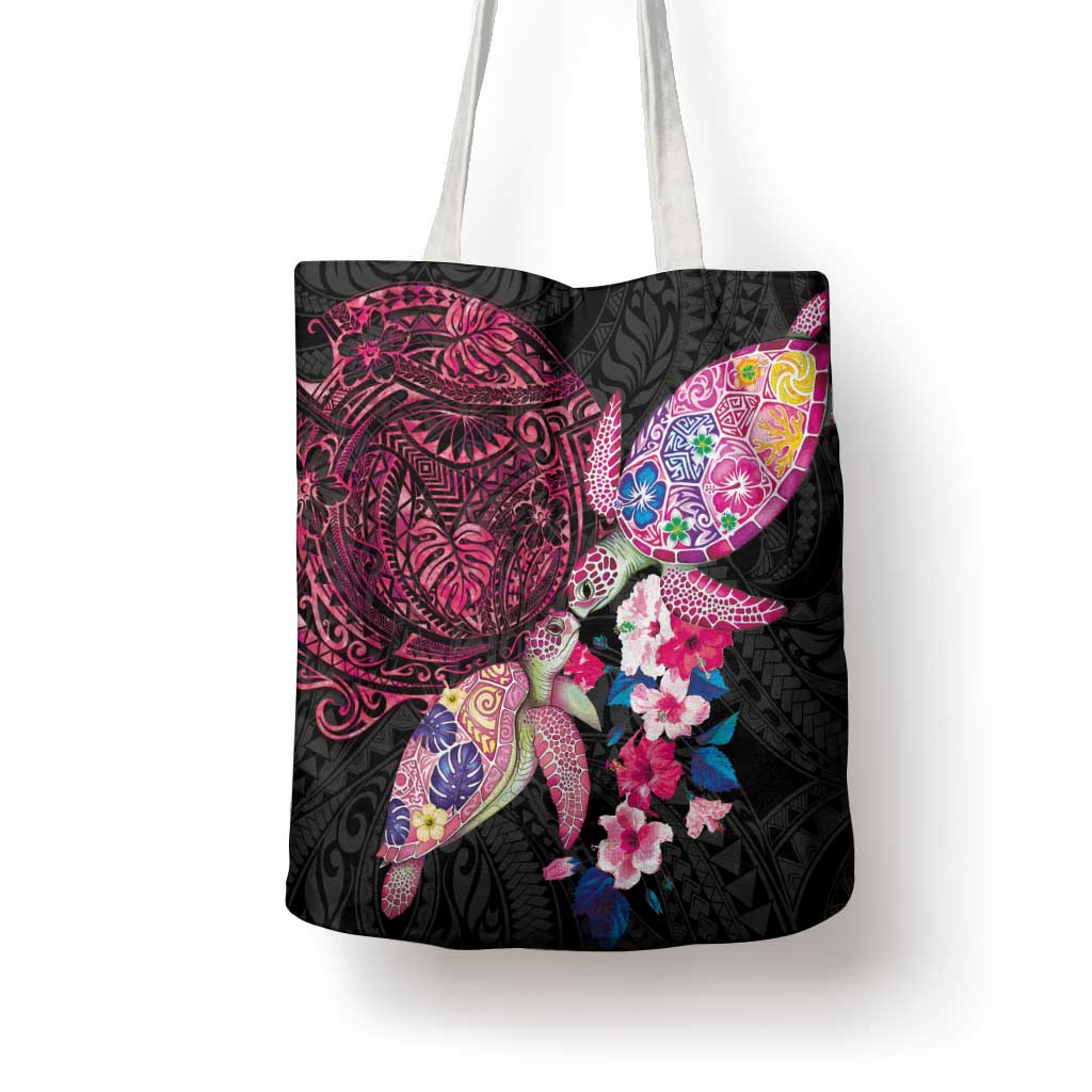 Hawaiian Couple Turtles Honi Tote Bag Polynesian Art Motifs and Hibiscus Black Red Color LT03 - Polynesian Pride