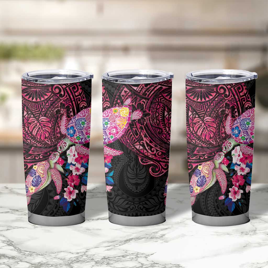 Hawaiian Couple Turtles Honi Tumbler Cup Polynesian Art Motifs and Hibiscus Black Red Color LT03 - Polynesian Pride