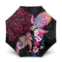 Hawaiian Couple Turtles Honi Umbrella Polynesian Art Motifs and Hibiscus Black Red Color LT03 One Size Folded 11.42 inch Opened Diameter 37.4 inch Black - Polynesian Pride