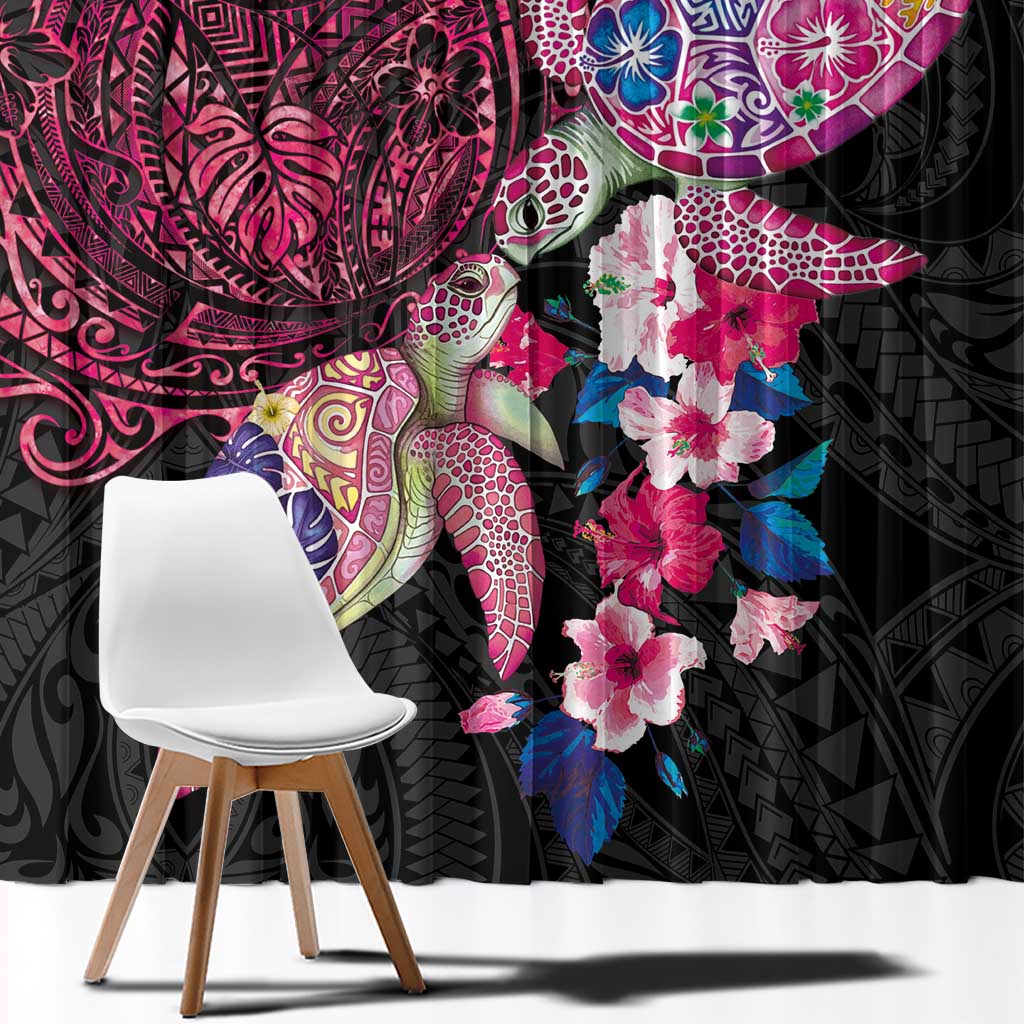 Hawaiian Couple Turtles Honi Window Curtain Polynesian Art Motifs and Hibiscus Black Red Color LT03 - Polynesian Pride