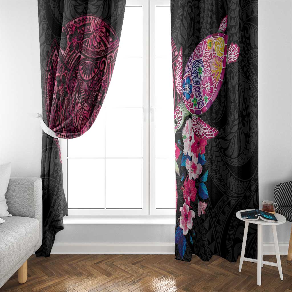 Hawaiian Couple Turtles Honi Window Curtain Polynesian Art Motifs and Hibiscus Black Red Color LT03 - Polynesian Pride