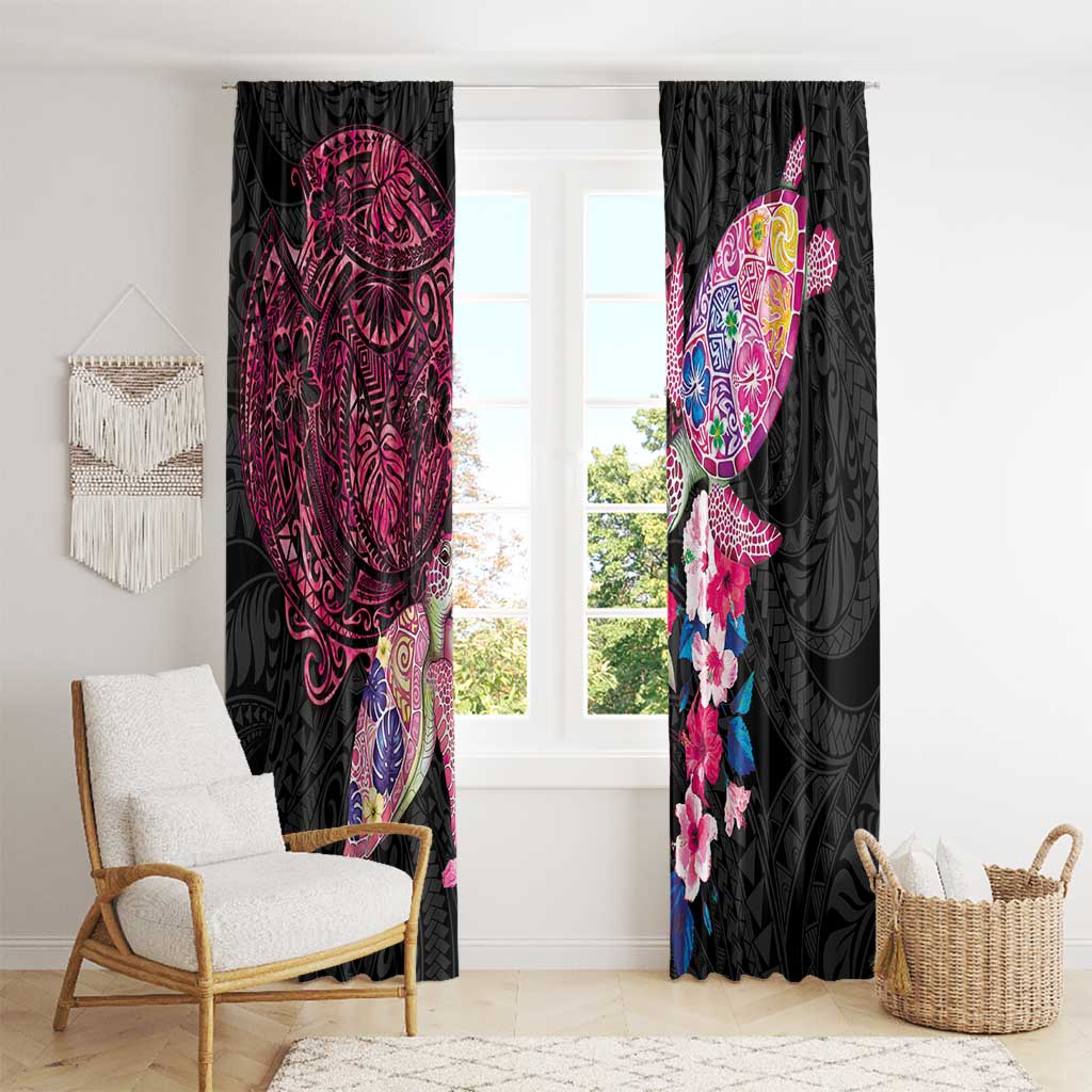 Hawaiian Couple Turtles Honi Window Curtain Polynesian Art Motifs and Hibiscus Black Red Color LT03 - Polynesian Pride
