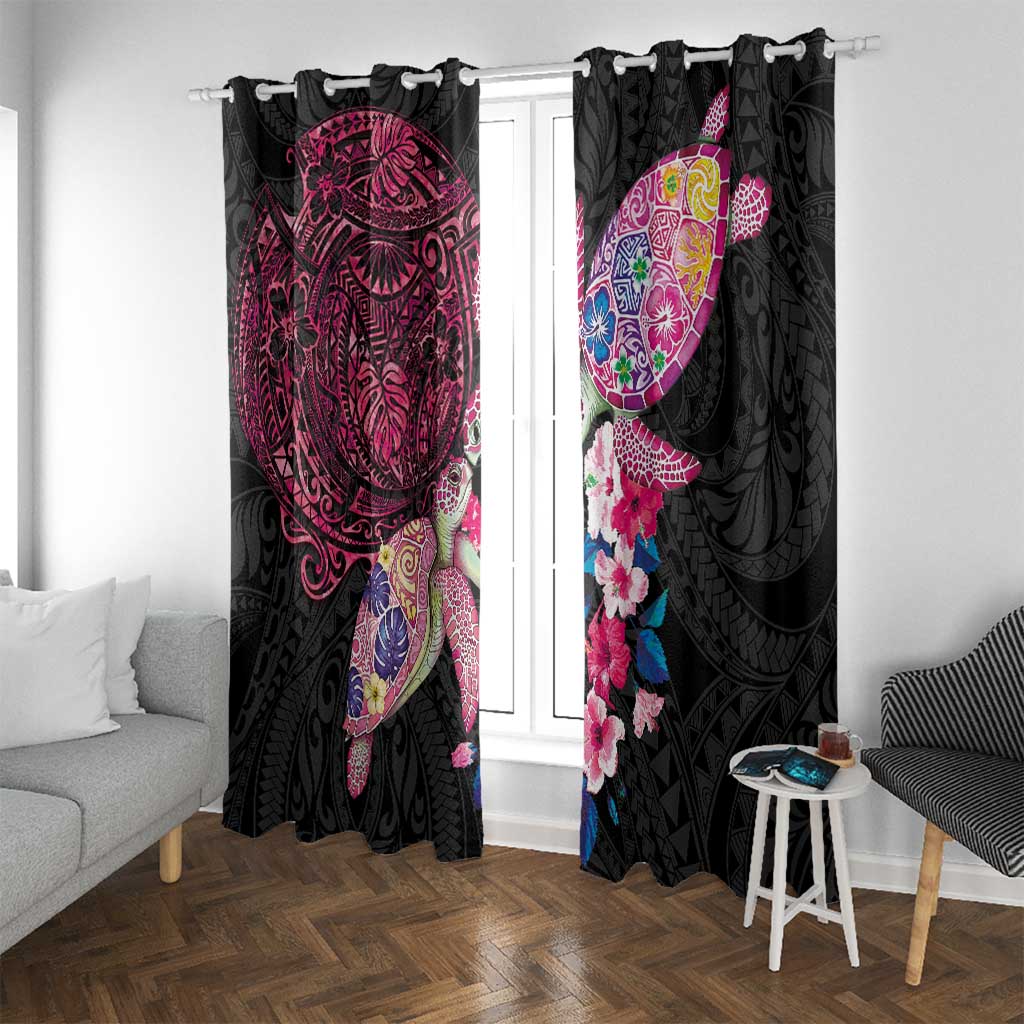 Hawaiian Couple Turtles Honi Window Curtain Polynesian Art Motifs and Hibiscus Black Red Color LT03 With Grommets Black - Polynesian Pride