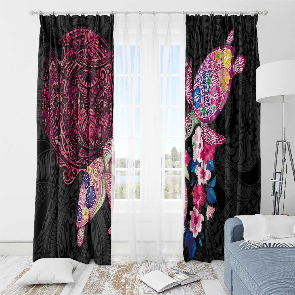 Hawaiian Couple Turtles Honi Window Curtain Polynesian Art Motifs and Hibiscus Black Red Color LT03 - Polynesian Pride