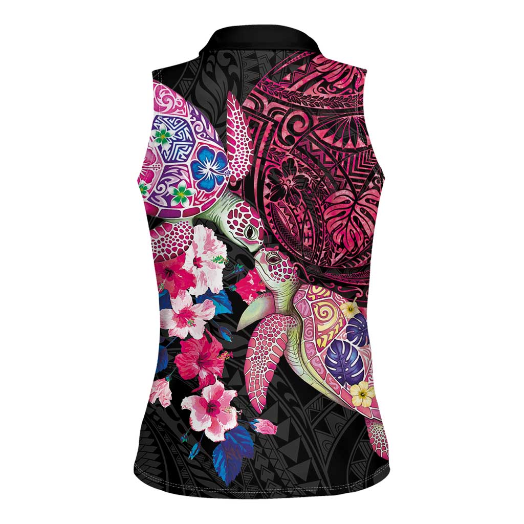 Hawaiian Couple Turtles Honi Women Sleeveless Polo Shirt Polynesian Art Motifs and Hibiscus Black Red Color LT03 - Polynesian Pride