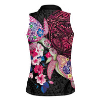 Hawaiian Couple Turtles Honi Women Sleeveless Polo Shirt Polynesian Art Motifs and Hibiscus Black Red Color LT03 - Polynesian Pride