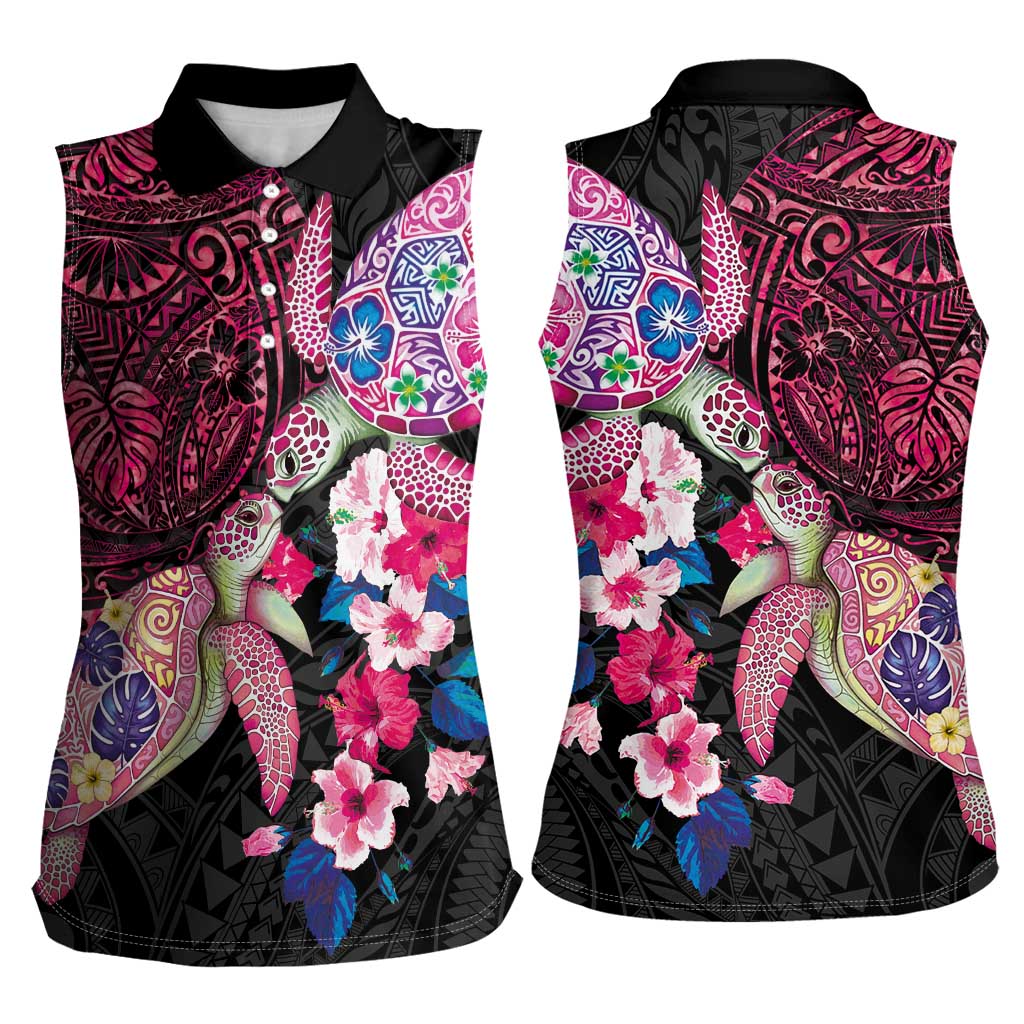 Hawaiian Couple Turtles Honi Women Sleeveless Polo Shirt Polynesian Art Motifs and Hibiscus Black Red Color LT03 - Polynesian Pride