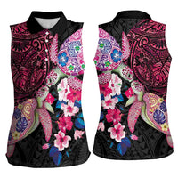 Hawaiian Couple Turtles Honi Women Sleeveless Polo Shirt Polynesian Art Motifs and Hibiscus Black Red Color LT03 - Polynesian Pride