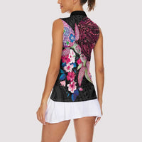 Hawaiian Couple Turtles Honi Women Sleeveless Polo Shirt Polynesian Art Motifs and Hibiscus Black Red Color LT03 - Polynesian Pride