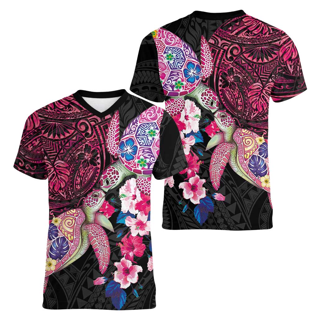 Hawaiian Couple Turtles Honi Women V-Neck T-Shirt Polynesian Art Motifs and Hibiscus Black Red Color LT03 - Polynesian Pride
