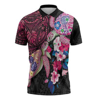 Hawaiian Couple Turtles Honi Zipper Polo Shirt Polynesian Art Motifs and Hibiscus Black Red Color LT03 Black - Polynesian Pride