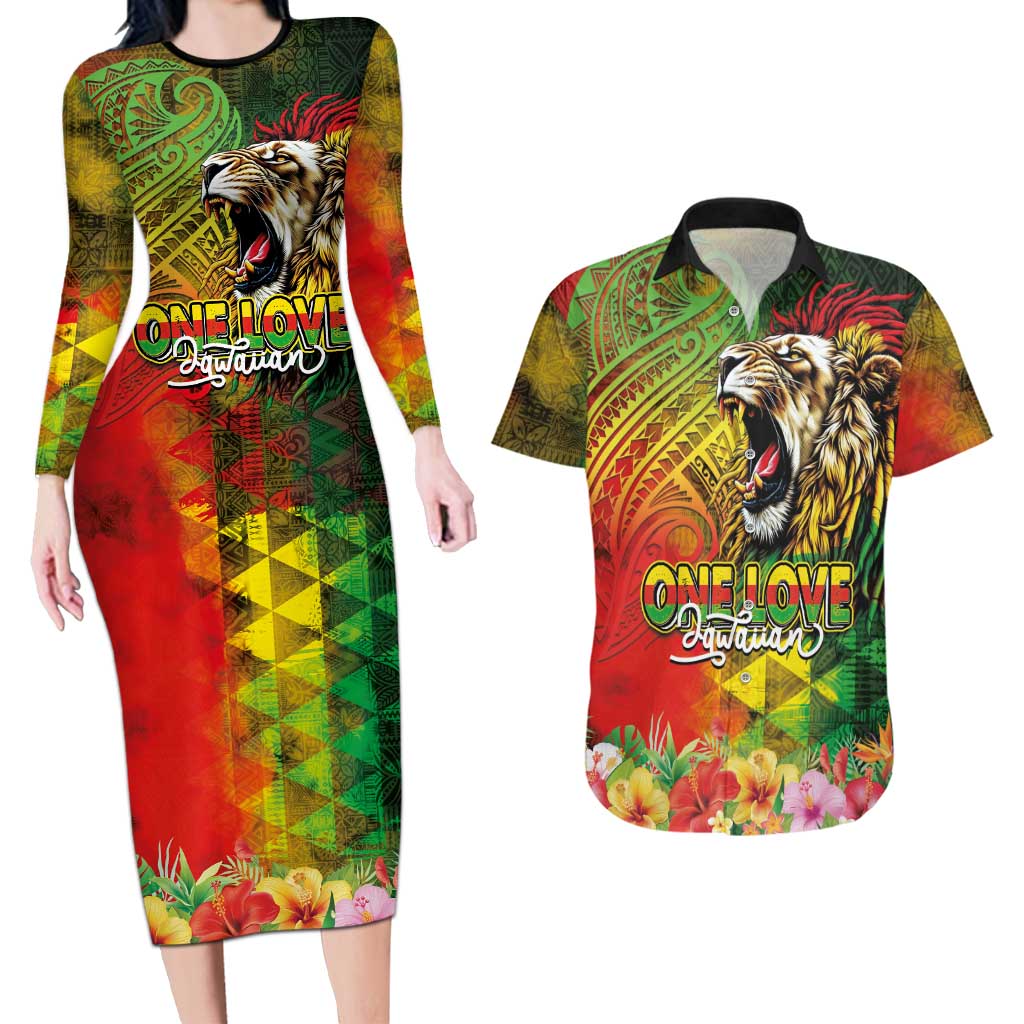 Hawaiian Reggae Couples Matching Long Sleeve Bodycon Dress and Hawaiian Shirt Jawaiian One Love-Tribal Tatoos and Rastafari Lion LT03 Multicolor - Polynesian Pride