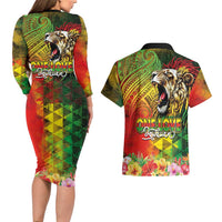 Hawaiian Reggae Couples Matching Long Sleeve Bodycon Dress and Hawaiian Shirt Jawaiian One Love-Tribal Tatoos and Rastafari Lion LT03 - Polynesian Pride