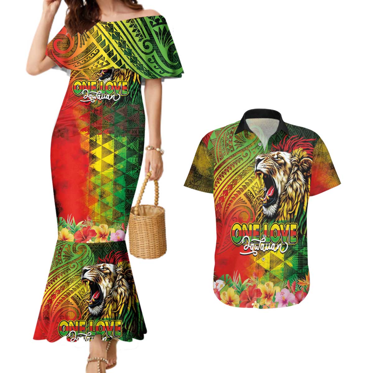 Hawaiian Reggae Couples Matching Mermaid Dress and Hawaiian Shirt Jawaiian One Love-Tribal Tatoos and Rastafari Lion LT03 Multicolor - Polynesian Pride