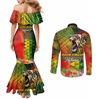 Hawaiian Reggae Couples Matching Mermaid Dress and Long Sleeve Button Shirt Jawaiian One Love-Tribal Tatoos and Rastafari Lion LT03 - Polynesian Pride