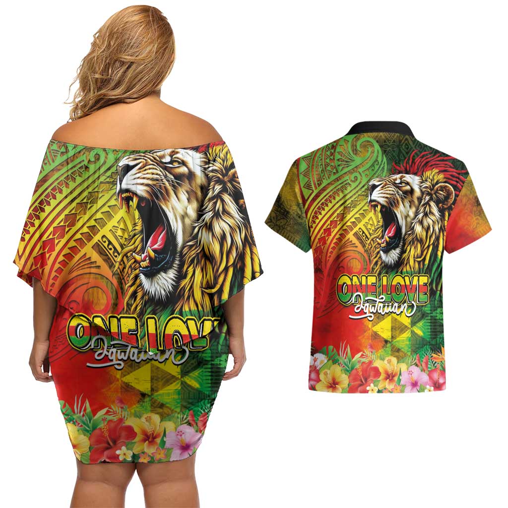 Hawaiian Reggae Couples Matching Off Shoulder Short Dress and Hawaiian Shirt Jawaiian One Love-Tribal Tatoos and Rastafari Lion LT03 - Polynesian Pride