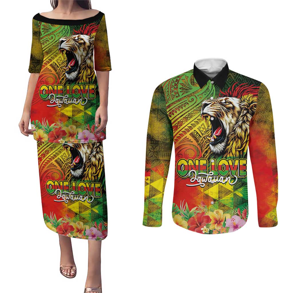 Hawaiian Reggae Couples Matching Puletasi and Long Sleeve Button Shirt Jawaiian One Love-Tribal Tatoos and Rastafari Lion LT03 Multicolor - Polynesian Pride