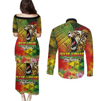 Hawaiian Reggae Couples Matching Puletasi and Long Sleeve Button Shirt Jawaiian One Love-Tribal Tatoos and Rastafari Lion LT03 - Polynesian Pride