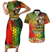 Hawaiian Reggae Couples Matching Short Sleeve Bodycon Dress and Hawaiian Shirt Jawaiian One Love-Tribal Tatoos and Rastafari Lion LT03 Multicolor - Polynesian Pride