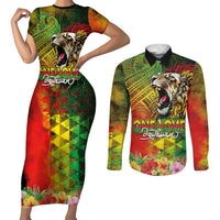 Hawaiian Reggae Couples Matching Short Sleeve Bodycon Dress and Long Sleeve Button Shirt Jawaiian One Love-Tribal Tatoos and Rastafari Lion LT03 Multicolor - Polynesian Pride