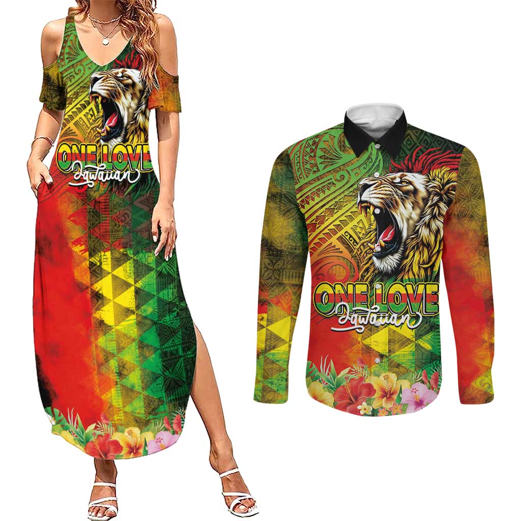 Hawaiian Reggae Couples Matching Summer Maxi Dress and Long Sleeve Button Shirt Jawaiian One Love-Tribal Tatoos and Rastafari Lion LT03 Multicolor - Polynesian Pride