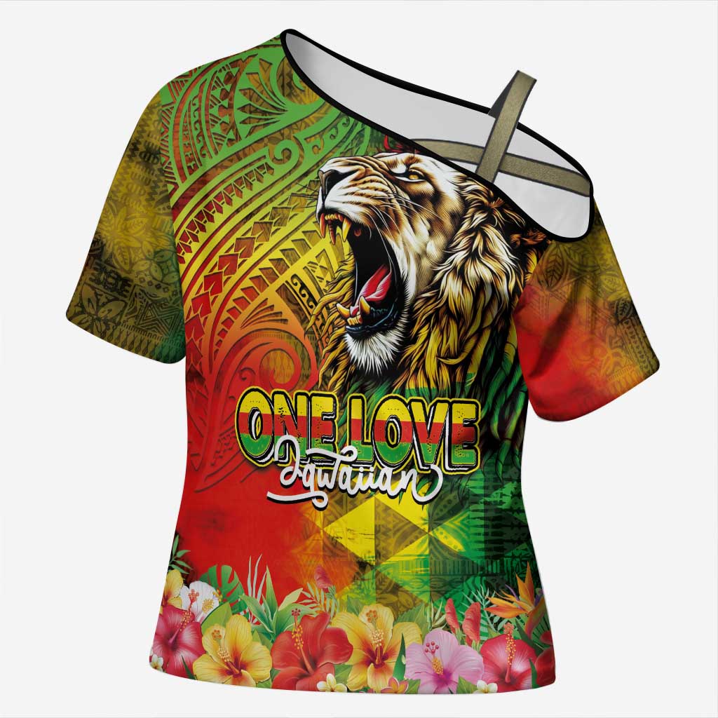 Hawaiian Reggae Cross Shoulder Shirt Jawaiian One Love-Tribal Tatoos and Rastafari Lion LT03 Female Multicolor - Polynesian Pride