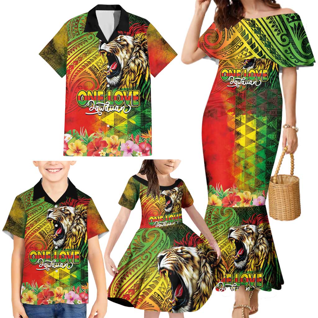 Hawaiian Reggae Family Matching Mermaid Dress and Hawaiian Shirt Jawaiian One Love-Tribal Tatoos and Rastafari Lion LT03 - Polynesian Pride