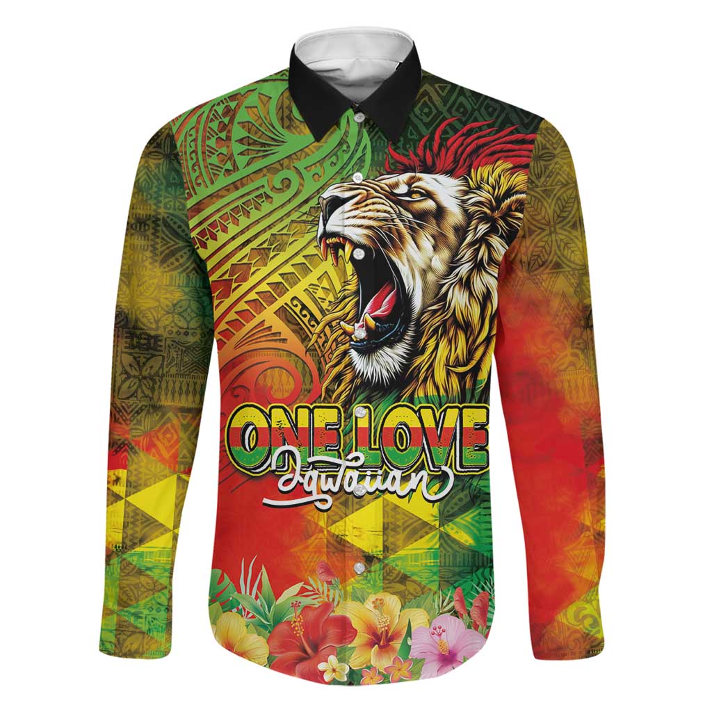 Hawaiian Reggae Family Matching Short Sleeve Bodycon Dress and Hawaiian Shirt Jawaiian One Love-Tribal Tatoos and Rastafari Lion LT03 Dad's Shirt - Long Sleeve Multicolor - Polynesian Pride