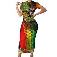 Hawaiian Reggae Family Matching Short Sleeve Bodycon Dress and Hawaiian Shirt Jawaiian One Love-Tribal Tatoos and Rastafari Lion LT03 Mom's Dress Multicolor - Polynesian Pride