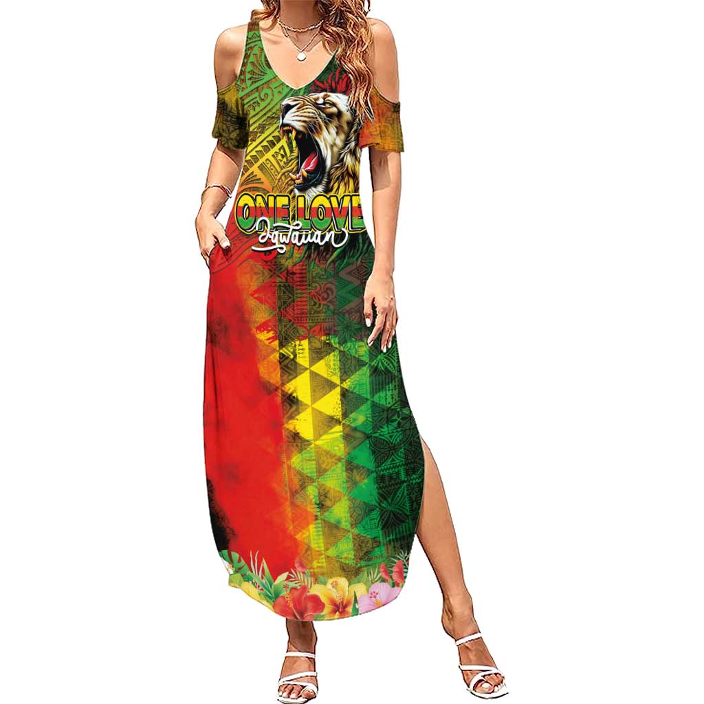 Hawaiian Reggae Family Matching Summer Maxi Dress and Hawaiian Shirt Jawaiian One Love-Tribal Tatoos and Rastafari Lion LT03 Mom's Dress Multicolor - Polynesian Pride