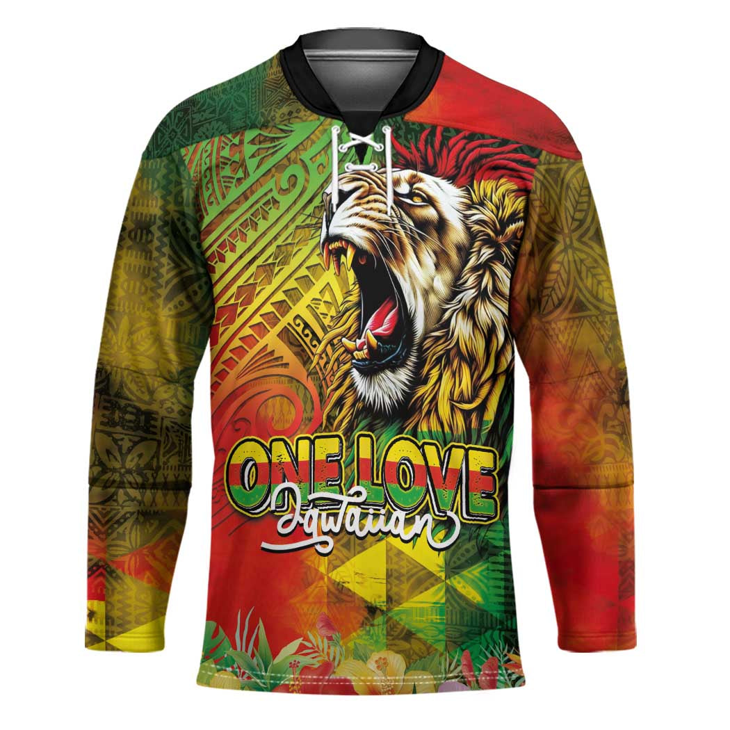 Hawaiian Reggae Hockey Jersey Jawaiian One Love-Tribal Tatoos and Rastafari Lion LT03 Unisex Multicolor - Polynesian Pride