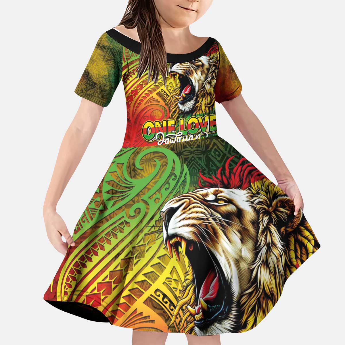 Hawaiian Reggae Kid Short Sleeve Dress Jawaiian One Love-Tribal Tatoos and Rastafari Lion LT03 KID Multicolor - Polynesian Pride