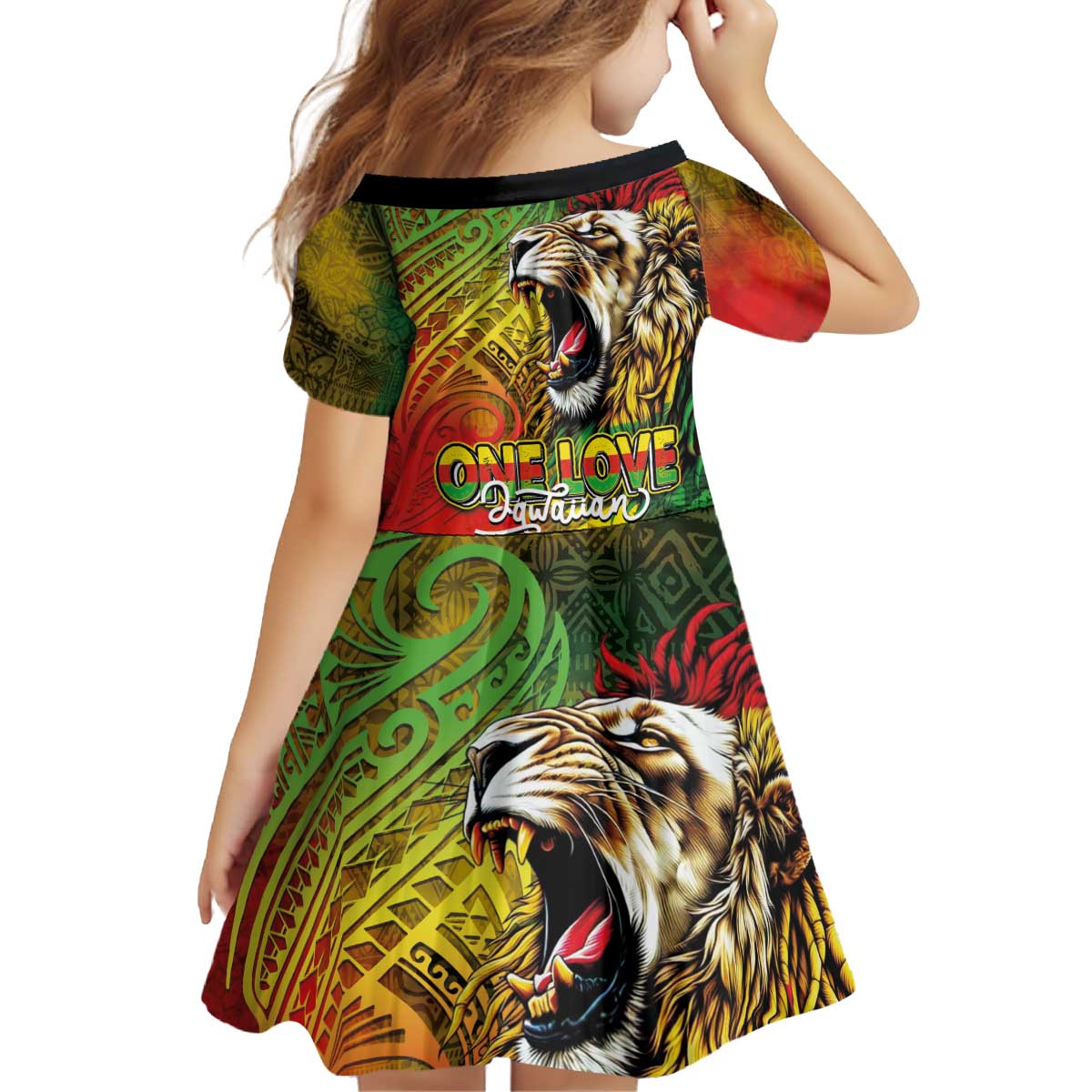 Hawaiian Reggae Kid Short Sleeve Dress Jawaiian One Love-Tribal Tatoos and Rastafari Lion LT03 - Polynesian Pride