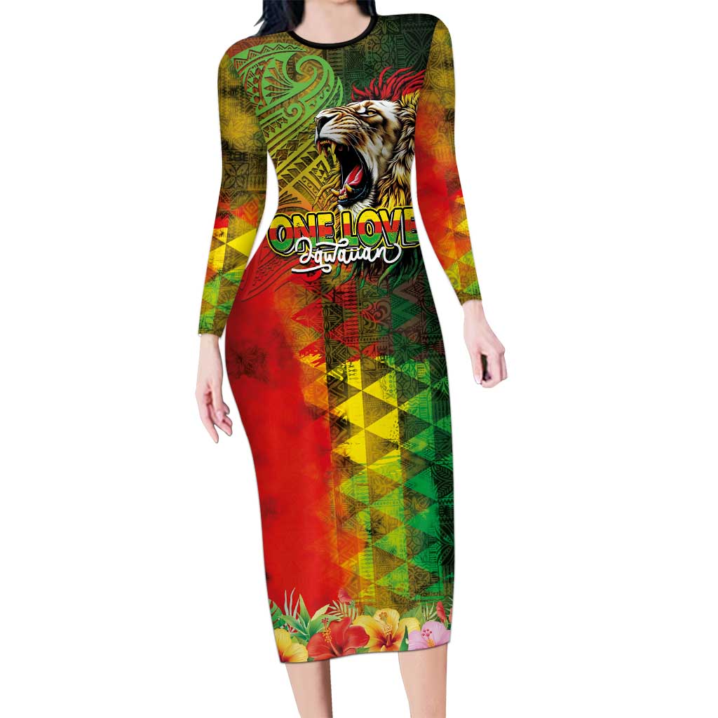 Hawaiian Reggae Long Sleeve Bodycon Dress Jawaiian One Love-Tribal Tatoos and Rastafari Lion - Polynesian Pride