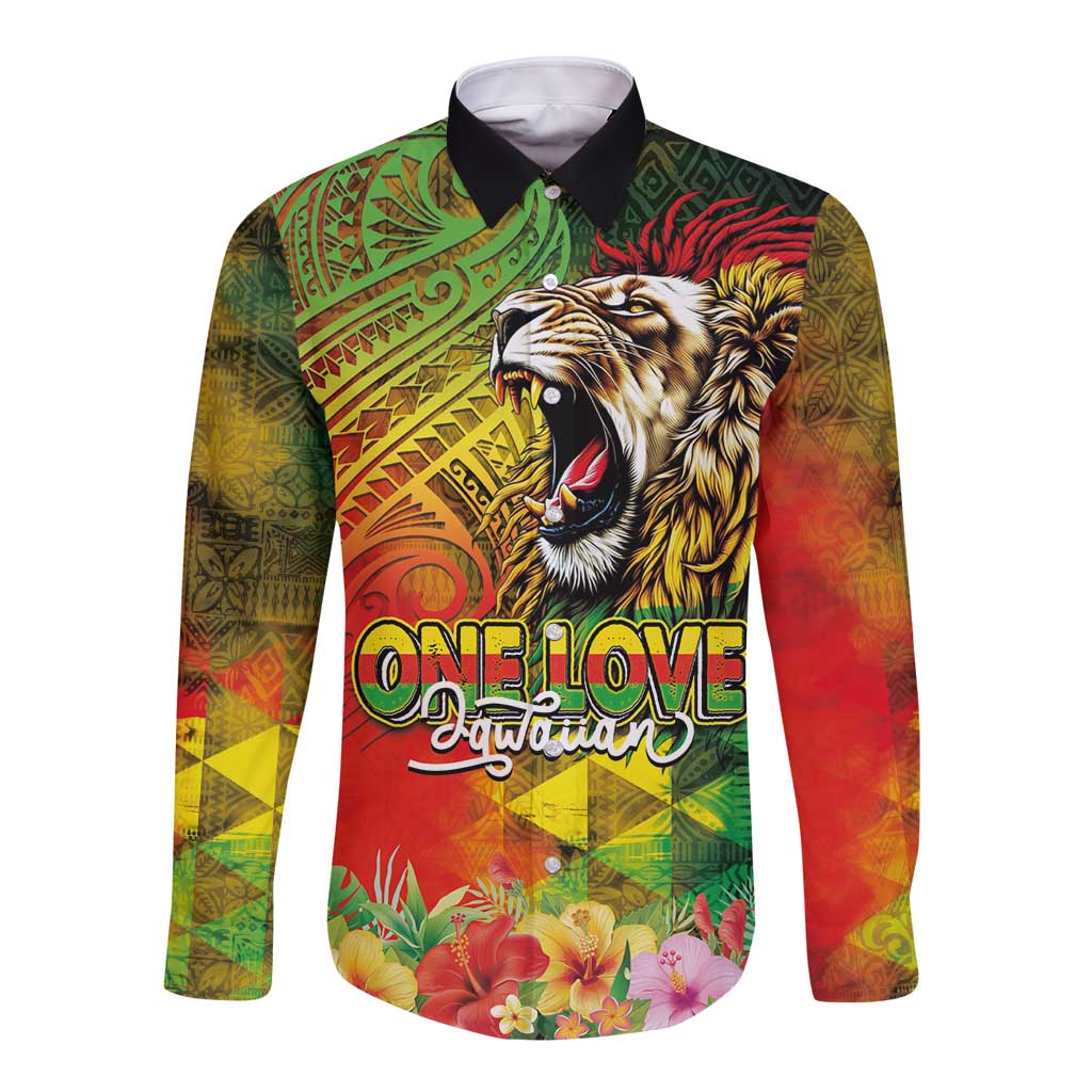 Hawaiian Reggae Long Sleeve Button Shirt Jawaiian One Love-Tribal Tatoos and Rastafari Lion LT03 Unisex Multicolor - Polynesian Pride