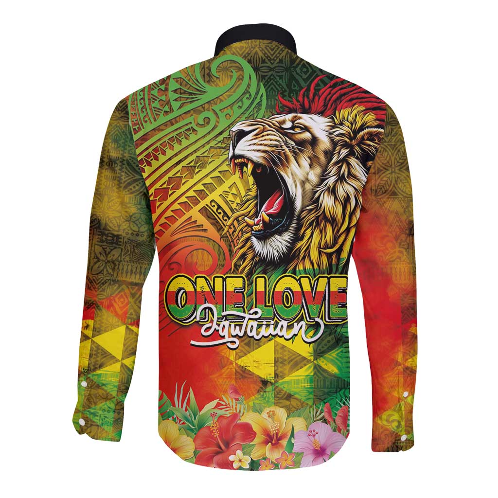 Hawaiian Reggae Long Sleeve Button Shirt Jawaiian One Love-Tribal Tatoos and Rastafari Lion LT03 - Polynesian Pride