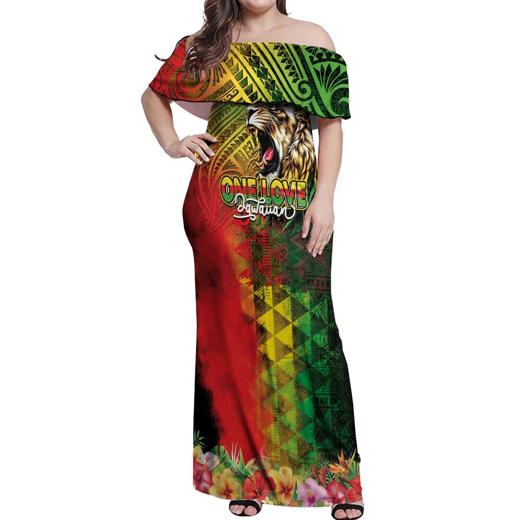 Hawaiian Reggae Off Shoulder Maxi Dress Jawaiian One Love-Tribal Tatoos and Rastafari Lion LT03 Women Multicolor - Polynesian Pride