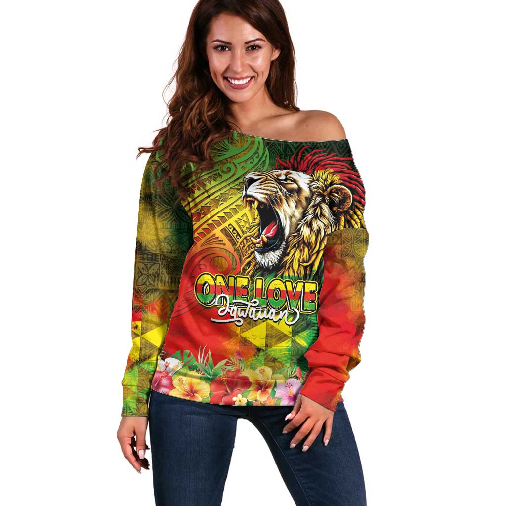 Hawaiian Reggae Off Shoulder Sweater Jawaiian One Love-Tribal Tatoos and Rastafari Lion LT03 Women Multicolor - Polynesian Pride