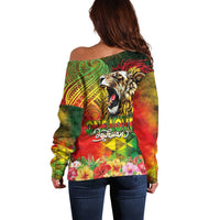 Hawaiian Reggae Off Shoulder Sweater Jawaiian One Love-Tribal Tatoos and Rastafari Lion LT03 - Polynesian Pride