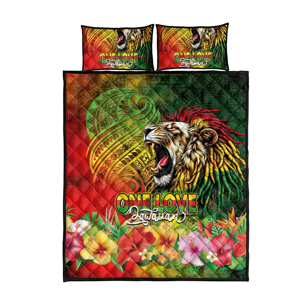 Hawaiian Reggae Quilt Bed Set Jawaiian One Love-Tribal Tatoos and Rastafari Lion LT03 - Polynesian Pride