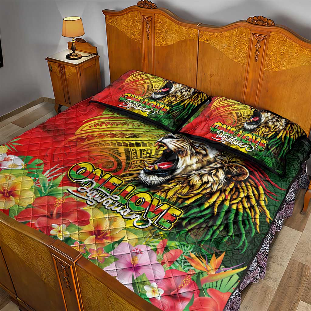 Hawaiian Reggae Quilt Bed Set Jawaiian One Love-Tribal Tatoos and Rastafari Lion LT03 - Polynesian Pride