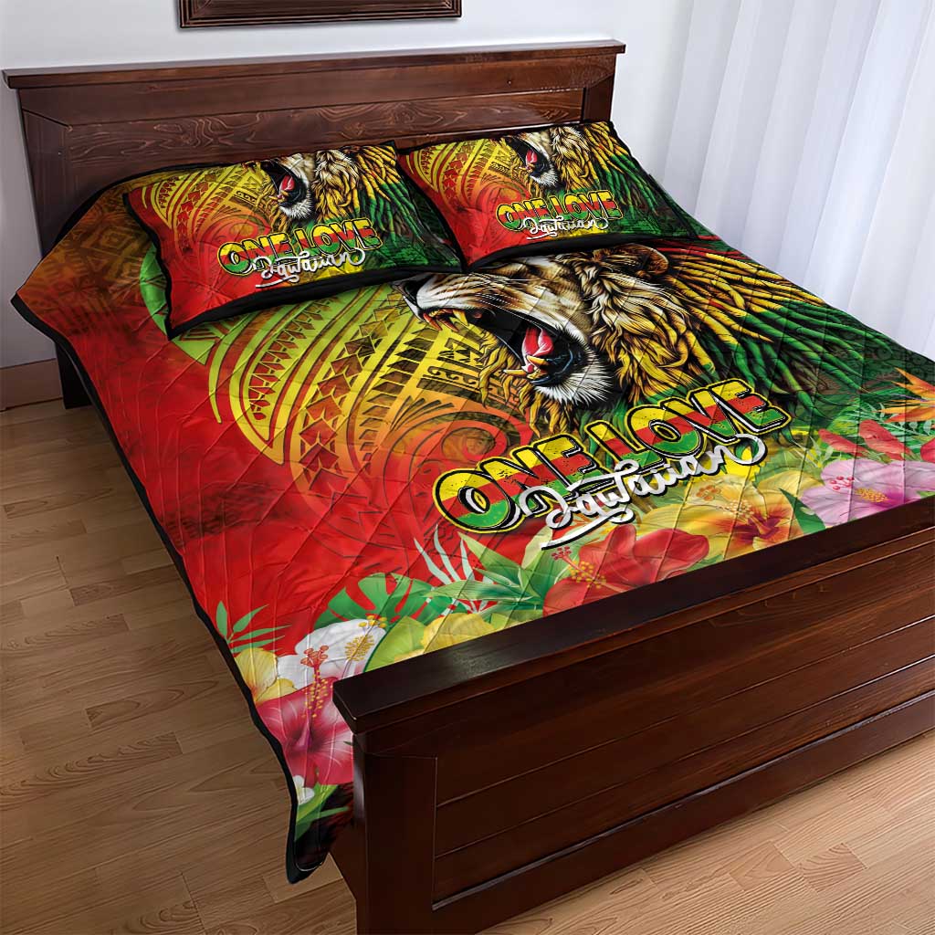 Hawaiian Reggae Quilt Bed Set Jawaiian One Love-Tribal Tatoos and Rastafari Lion LT03 - Polynesian Pride