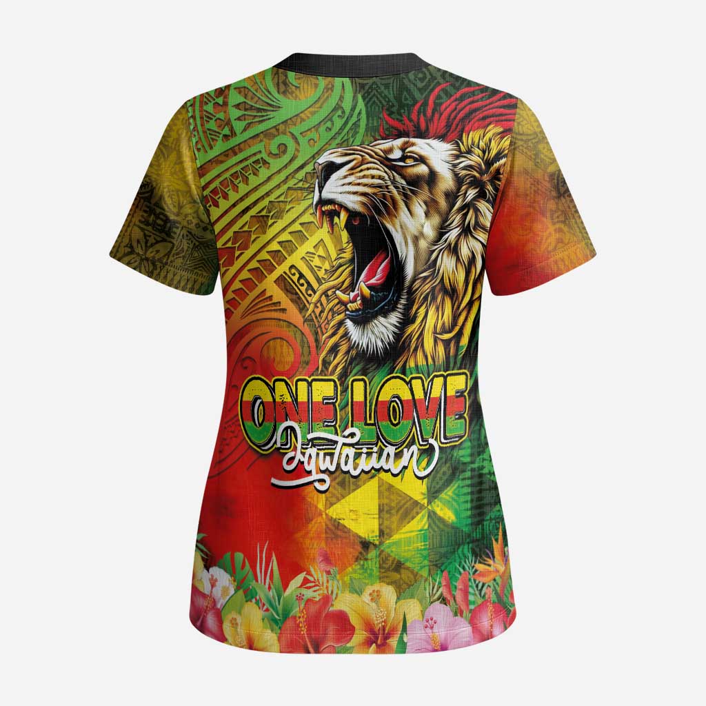 Hawaiian Reggae Scrub Top Jawaiian One Love-Tribal Tatoos and Rastafari Lion LT03 - Polynesian Pride