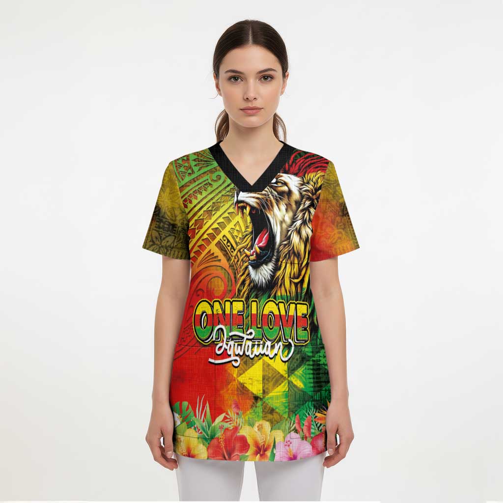 Hawaiian Reggae Scrub Top Jawaiian One Love-Tribal Tatoos and Rastafari Lion LT03 - Polynesian Pride